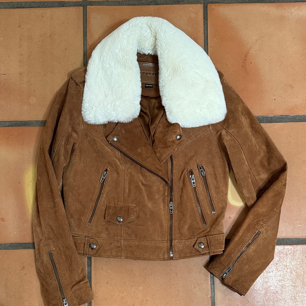 Blank NYC Tan Suede Jacket with Cream Fur Collar